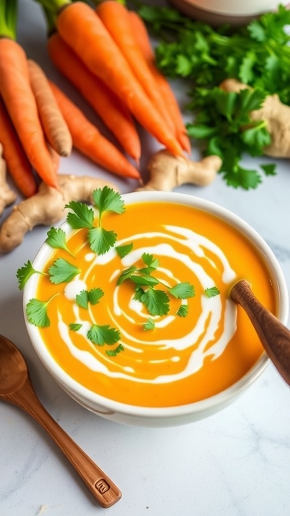 A bowl of creamy carrot ginger soup garnished with cilantro, on a rustic kitchen counter with fresh carrots and ginger.